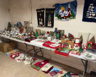 Vintage and new Christmas, including shiny bright ornaments, Thomas Kincaid homes, Linens, ornaments