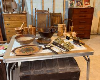 Trunk, dressers, rocking chair, folding chair chairs