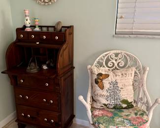 Antique Secretary Desk, Vintage Wicker Chair