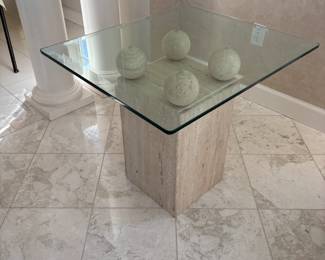 3 PIECE GLASS AND PEDESTAL TABLES