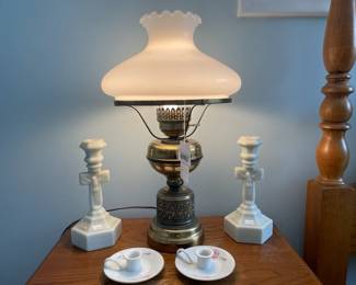 Brass and milk glass hurricane lamp