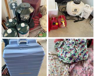 Vintage Coleman Lantern, Husqvarna Back Pack Sprayer, 2 Samsonite Luggage, Vintage Feed Sack Dresses