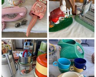 Vintage Pink Rotary Phone, Kit Cat Clock, Fiestaware, Vintage Appliances