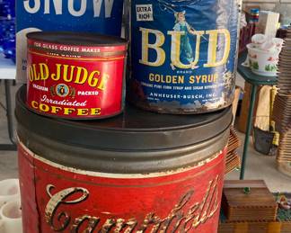 Vintage Campbells Soup Tin, Old Judge Coffee Tin, Bud Syrup, Brillo Box