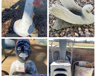 Concrete goose, Swan, & Black Americana, Metal Chairs, 