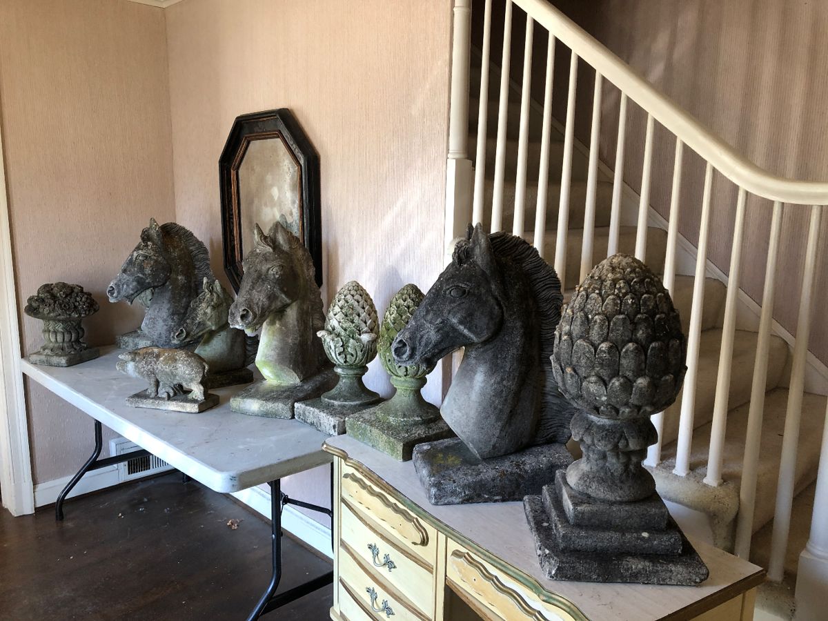 Collection of antique/vintage concrete cast stone garden Horse Busts, Pineapple finials