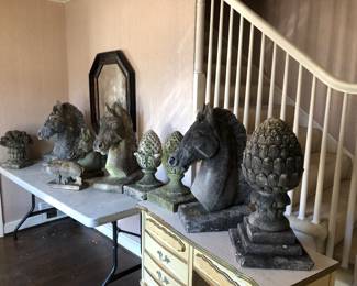 Collection of antique/vintage concrete cast stone garden Horse Busts, Pineapple finials