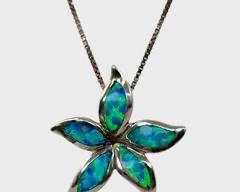 Fine Sterling Silver Opal Flower Pendant Italian Sterling Silver Box Link Chain Necklace
