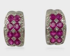 Fine 14K White Gold, Ruby & Diamond Pierced Earring w/ Omega Backs
