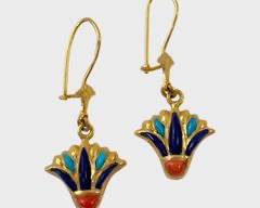 Find 18K Yellow Gold Etruscan Lotus Pierced Drop Dangle Earrings w inset Lapis Lazuli, Turquoise & Red Coral
