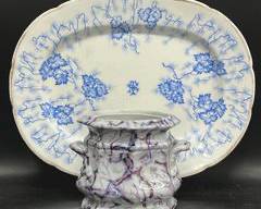 Antique Moss Fibre Large 15.5 Wide Blue White Platter and Double Handle Jar Vase Lot
