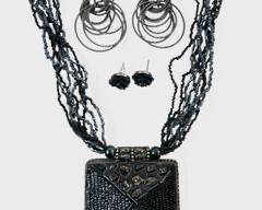 Vintage Silver Alloy Beaded Statement Pendant Necklace & Pierced Earrings
