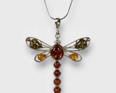 Whimsical Sterling Silver Large Amber Dragonfy Necklace.
