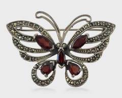 Fine Sterling Silver Marcasite & Garnet Gemstone Butterfly Statement Brooch Pin
