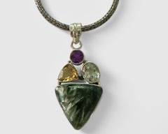 Fine Sterling Silver Seraphinite, Citrine, Amethyst & Light Green Gemstone Necklace
