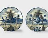 Pair Delft Blue Holland Pottery Hand Painted Windmill Plate Spoon Holders & Silverplated Spoons Delft Blue Finials
