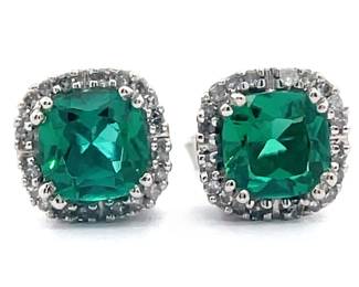 Created Emerald & Natural Diamond Halo Stud Earrings in White Gold