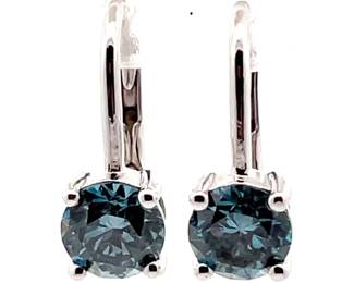 NEW! 2 Carat Fancy Blue Diamond Solitaire Lever Back Drop Earrings in 14k White Gold