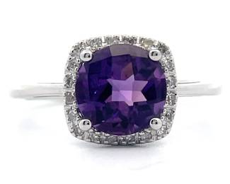 NEW! Cushion Checkerboard Amethyst & Pavé Diamond Basket Halo Ring in White Gold