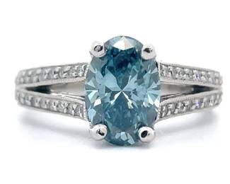 2.38 Carat Fancy Blue & White Diamond Split Shank Ring in Platinum