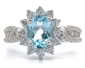 Oval Blue Topaz & Pavé White Topaz Flower Ring