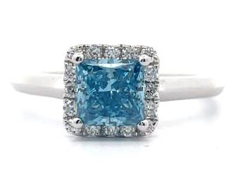 1.28 Carat Blue and White Diamond Halo Ring in 14K White Gold