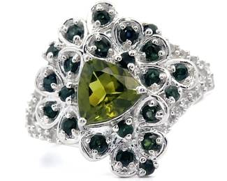 NEW! Triangular Moldavite & Green Tourmaline Split Shank Ring