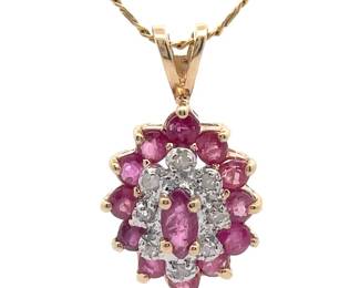 Ruby & Diamond Cluster Oval Flower Estate Pendant in Yellow Gold