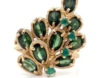 Green Tourmaline & Emerald Cluster Leaf Estate Ring in Yellow Gold