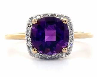NEW! Amethyst Pavé Diamond Halo Basket Cathedral Ring in Yellow Gold
