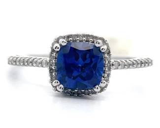 NEW! Created Blue Sapphire & Pavé Natural Diamond Halo Cathedral Ring in White Gold