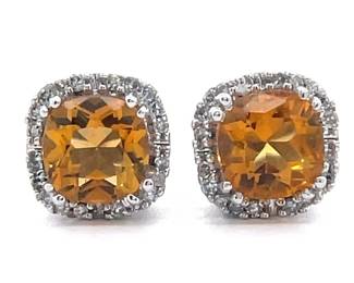 Citrine & Natural Diamond Pavé Cushion Halo Stud Earrings in White Gold