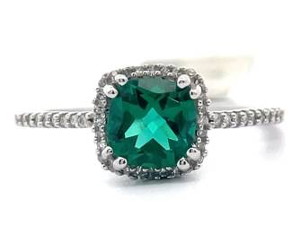 NEW! Created Emerald & Natural Diamond Halo Cathedral Ring in White Gold