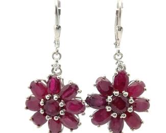 NEW! Diamond & Ruby Cluster Flower Leverback Dangle Earrings