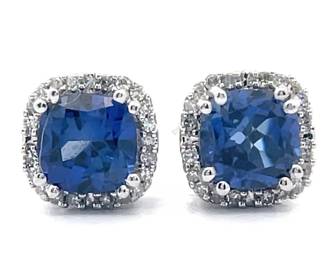 NEW! Created Blue Sapphire & Natural Diamond Cushion Stud Earrings in White Gold