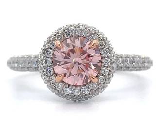 NEW! 2.14 Carat Fancy Pink & White Diamond Pavé Halo Ring in 14k Two-Tone Gold