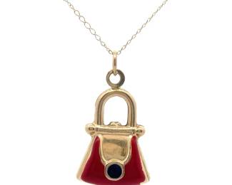 Red Enamel Purse Pendant Necklace 14k Yellow Gold