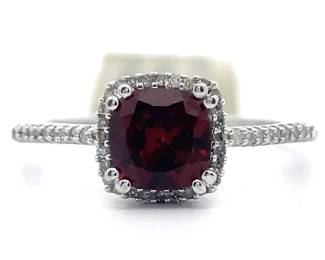 Garnet & Natural Diamond Halo Basket Cathedral Ring in White Gold