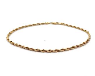Brightly Polished Twisted Rope Anklet or Bracelet in 14k Yellow Gold