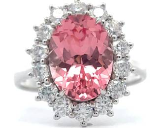 Oval Padparadscha Sapphire & Diamond Halo Cluster Ring in 14k White Gold