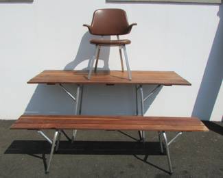 Redwood and Aluminum Folding Table and Bench Shaw Walker Chair