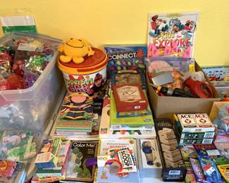Toys, playing cards, colors, puzzle books, etc.