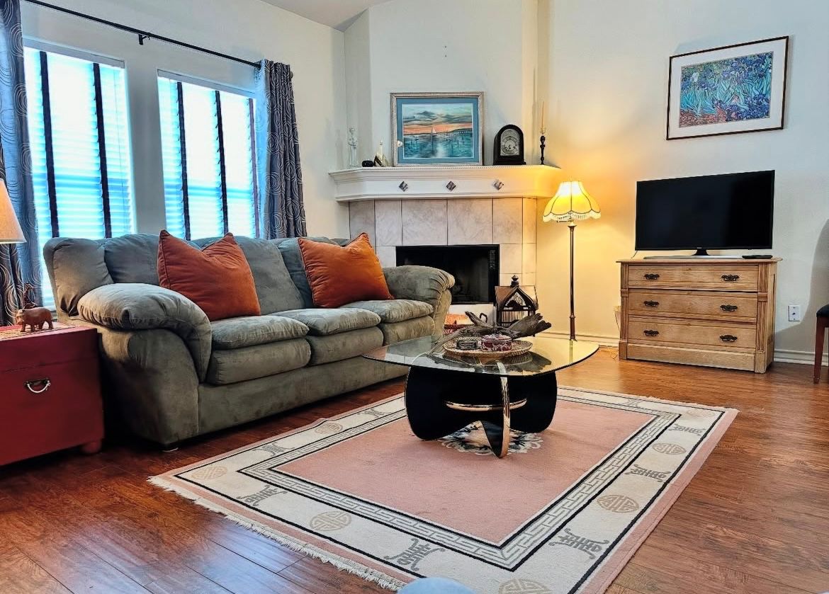Nice sofa, modern style coffee table, beautiful little pine chest