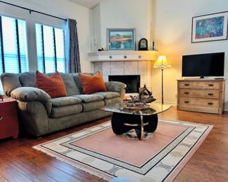Nice sofa, modern style coffee table, beautiful little pine chest