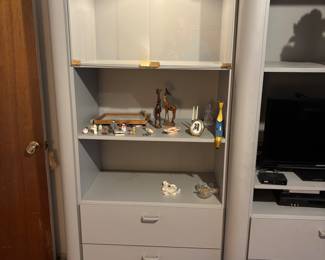 3 piece Grey laminate Wall Unit lighted.
End units.  32.5”w 18” d 77.5”t Center 36”w 22”d 77.5”t.      