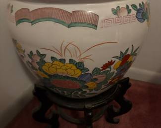Large Chinese Jardinaire and stand. Jard 14.25” diameter 12.5”t , 20” t on stand.    $ 125.00