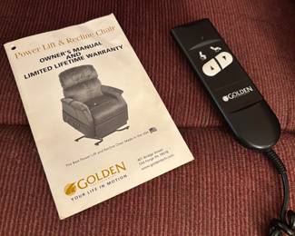 Burgundy Corduroy Power Lift Recline Chair by Golden. 31.5”w 31”d 38”t.         
