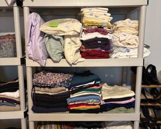 Linen and clothes, sheets, towels, blankets, shower curtains, comforter and pillows.