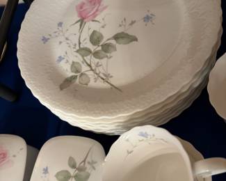 Mikasa “April Rose” Bone China, Japan 31 pcs., 1 serv platter, 1 cake plate, 
1 cake knife, 1 serv bowl, 2 trinket box, 
7 cups, 8 DP, 6 SP, 3 BP, 1 sugar.      $250.00