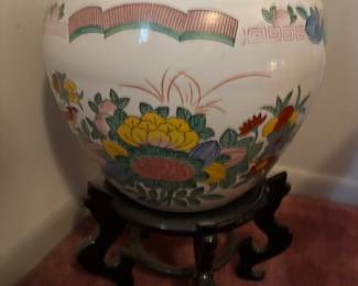 Large Chinese Jardinaire and stand. Jard 14.25” diameter 12.5”t , 20” t on stand.    $ 125.00